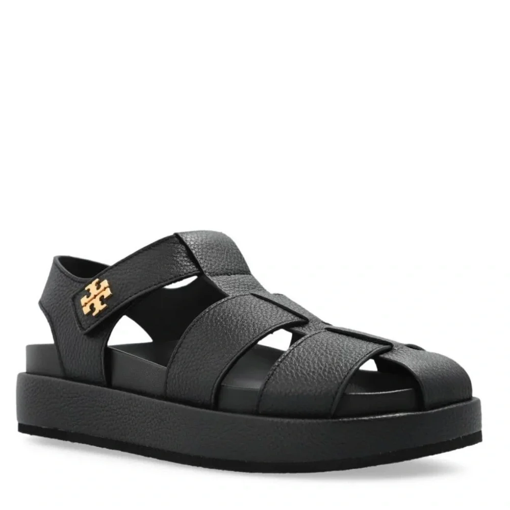 Tory Burch Black Fisherman Leather Sandals with Gold Logo